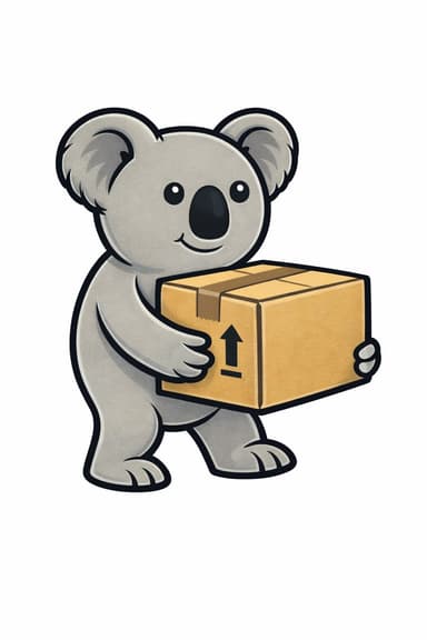 Koala mascot carrying a moving box